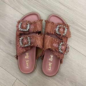 Coral blue mules pink rhinestones slipper sandal vacation shoe women’s leather